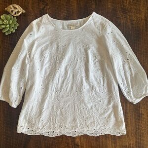 Christopher & Banks | White Cotton Embroidered Blouse, 3/4 Puff Sleeves, Size M